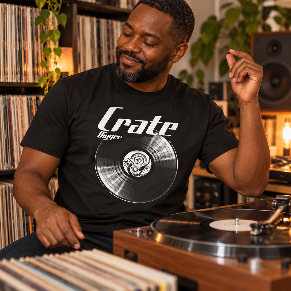 Crate Digger Vinyl Records t-shirt in black - man by a turntable in a record shop, snapping his fingers to the beat, gift for vinyl collectors