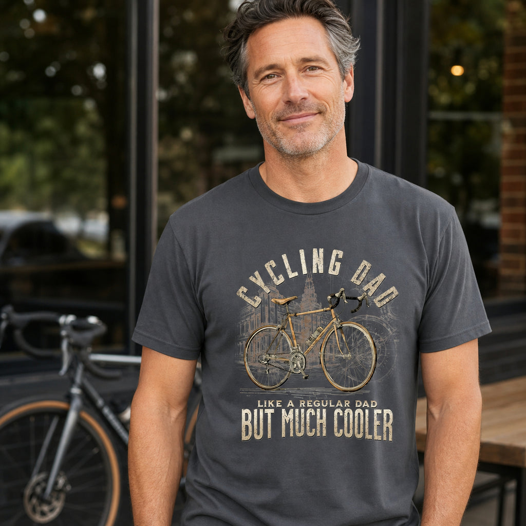 Cycling Dad Road Bike t-shirt in charcoal - man outside a bike shop, Father's Day gift