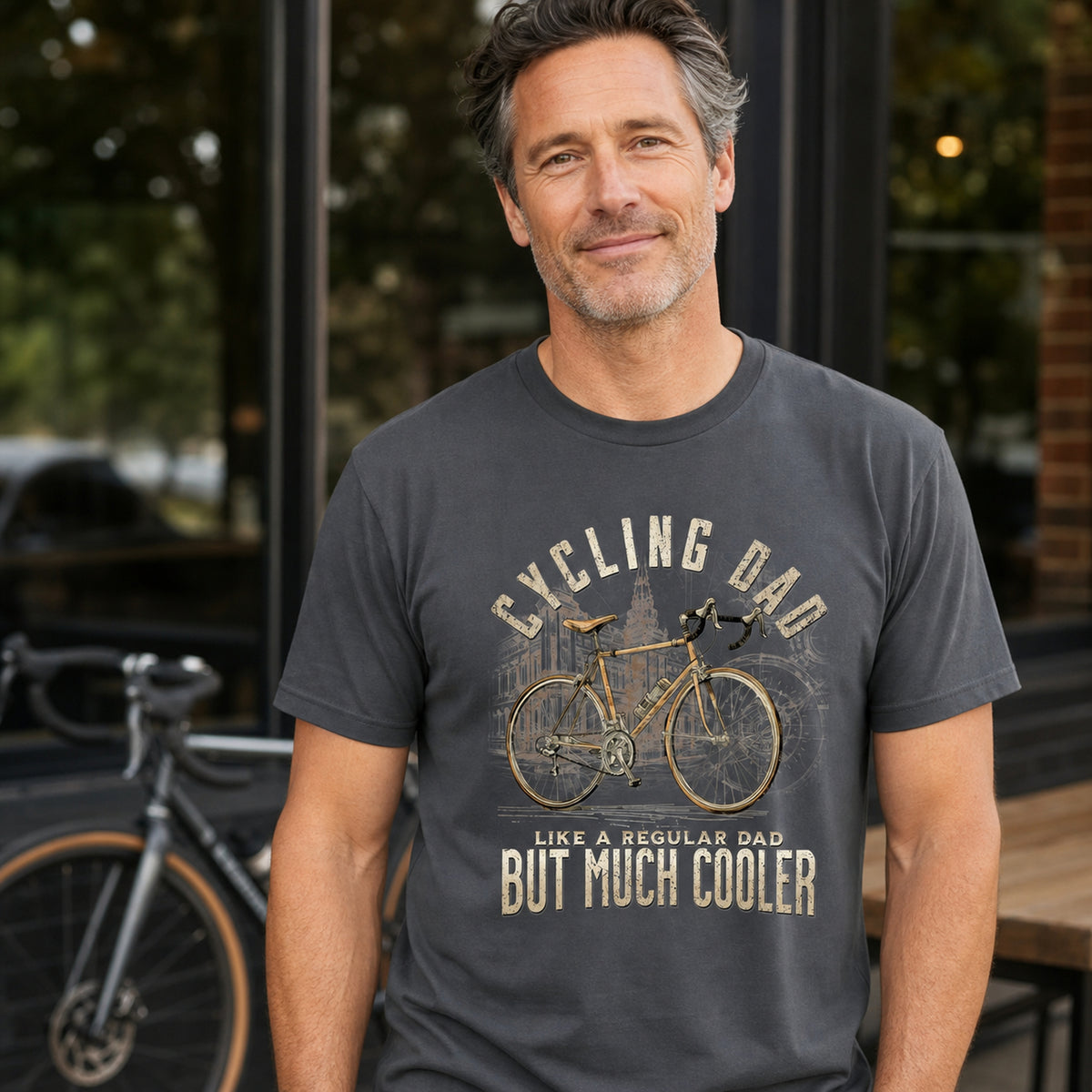 Cycling Dad Road Bike t-shirt in charcoal - man outside a bike shop, Father's Day gift