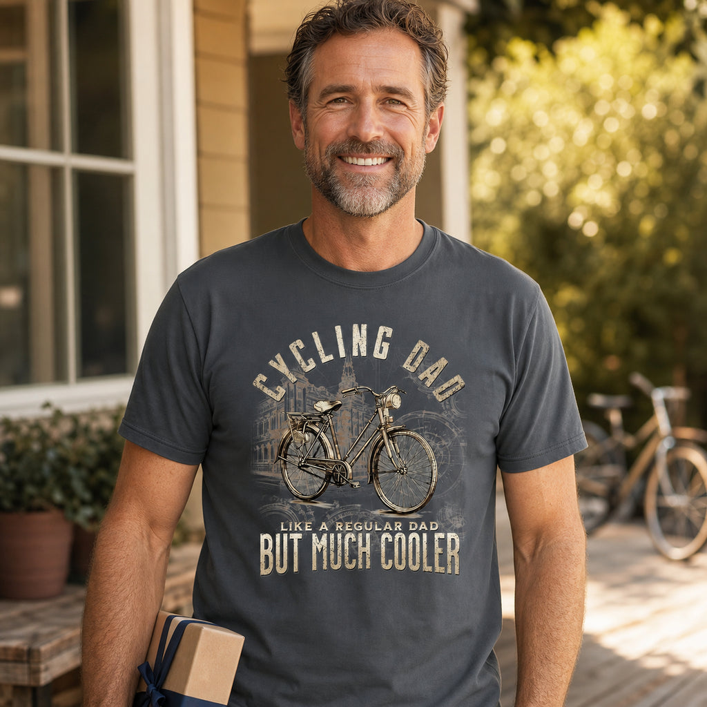 Cycling Dad Vintage Bike t-shirt in charcoal - dad with a present on the porch, Father's Day gift