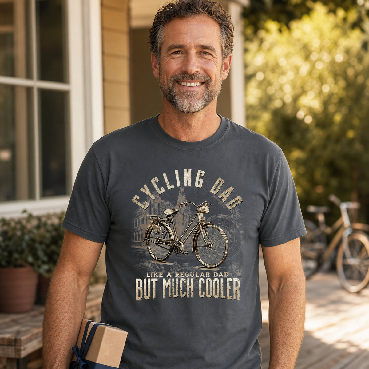 Cycling Dad Vintage Bike t-shirt in charcoal - dad with a present on the porch, Father's Day gift