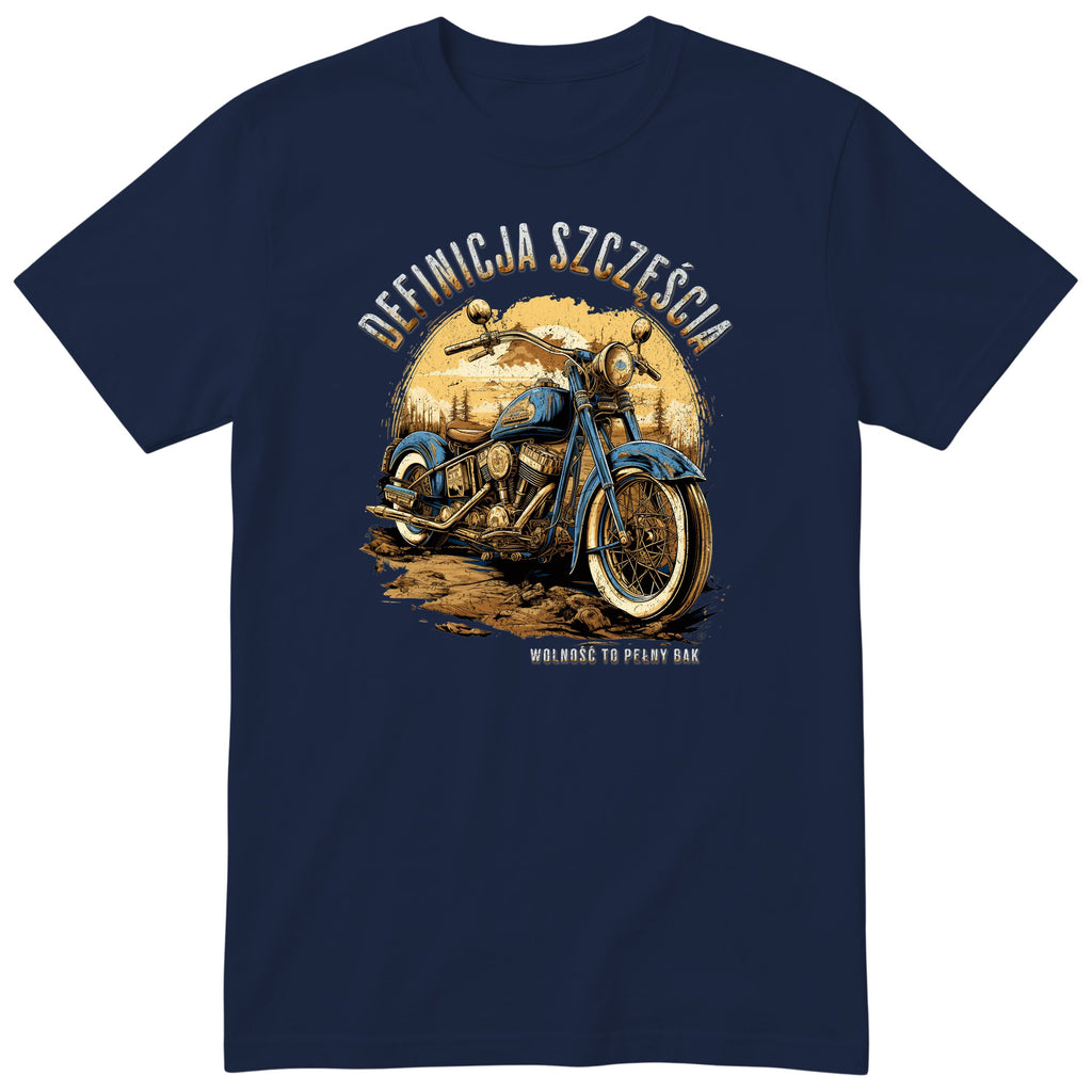 Granatowa koszulka motocyklowa „Definicja Szczęścia” - niebieski motocykl vintage na polnej drodze w złotym zachodzie słońca, polski nadruk
