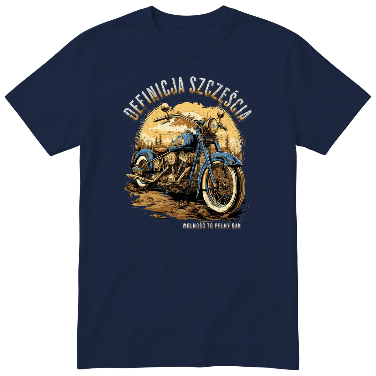Granatowa koszulka motocyklowa „Definicja Szczęścia” - niebieski motocykl vintage na polnej drodze w złotym zachodzie słońca, polski nadruk