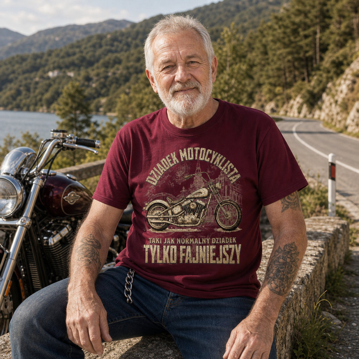 Koszulka Dziadek Motocyklista Chopper w kolorze bordowym - dziadek siedzi przy motocyklu nad jeziorem, prezent dla dziadka motocyklisty