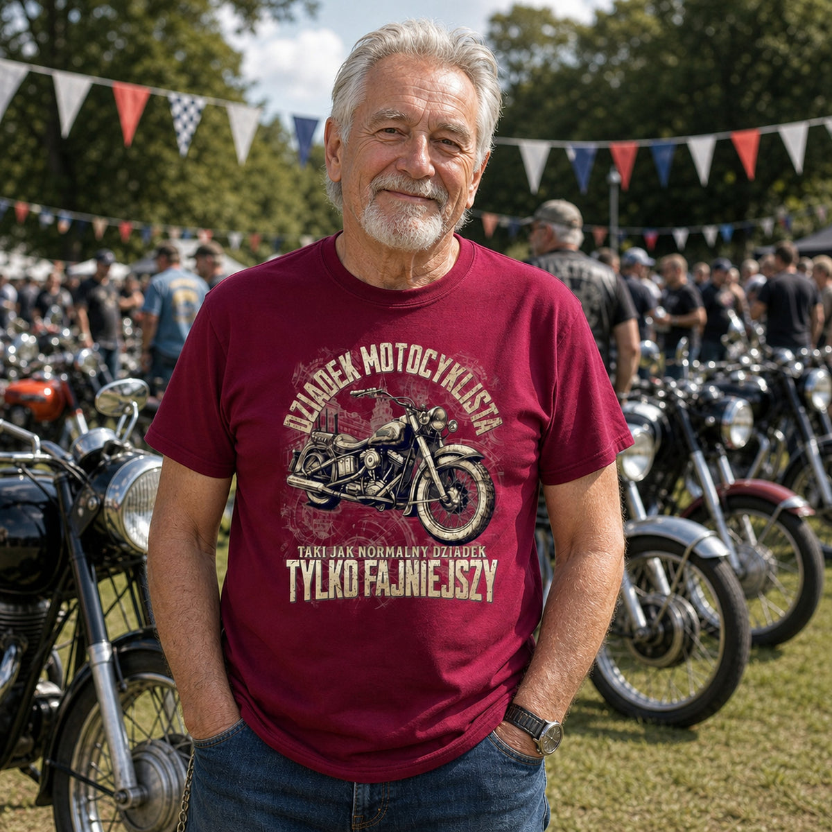 Koszulka Dziadek Motocyklista Vintage w kolorze bordowym - dziadek na zlocie motocykli, prezent dla dziadka motocyklisty