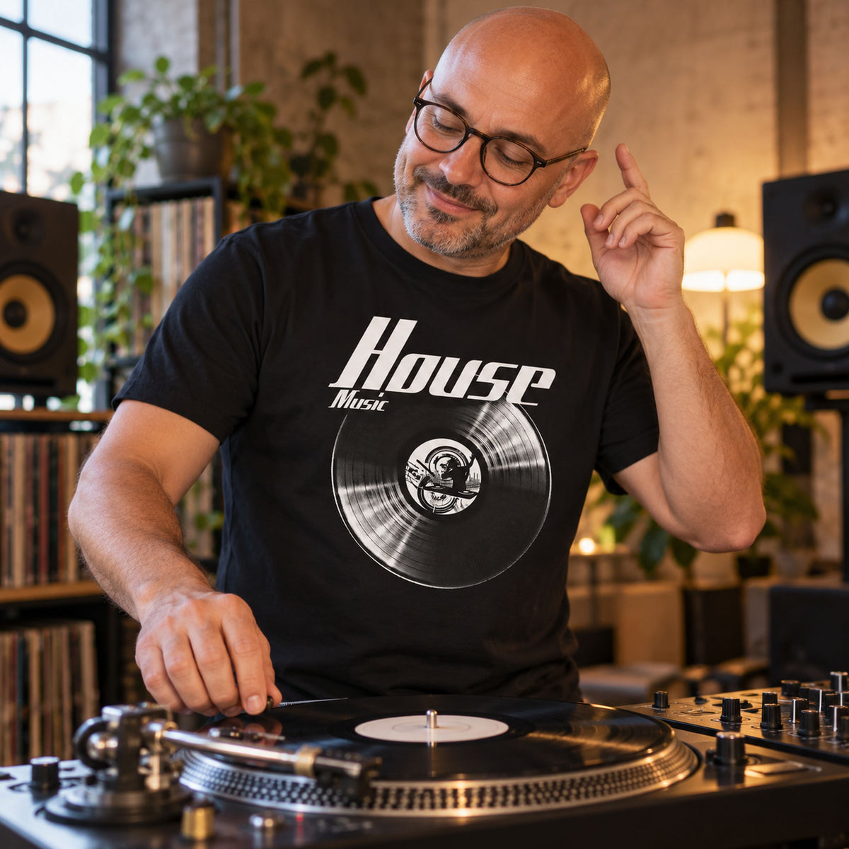 House Music Vinyl Records t-shirt in black - man mixing records on turntables in his home studio, gift for DJs and house music fans