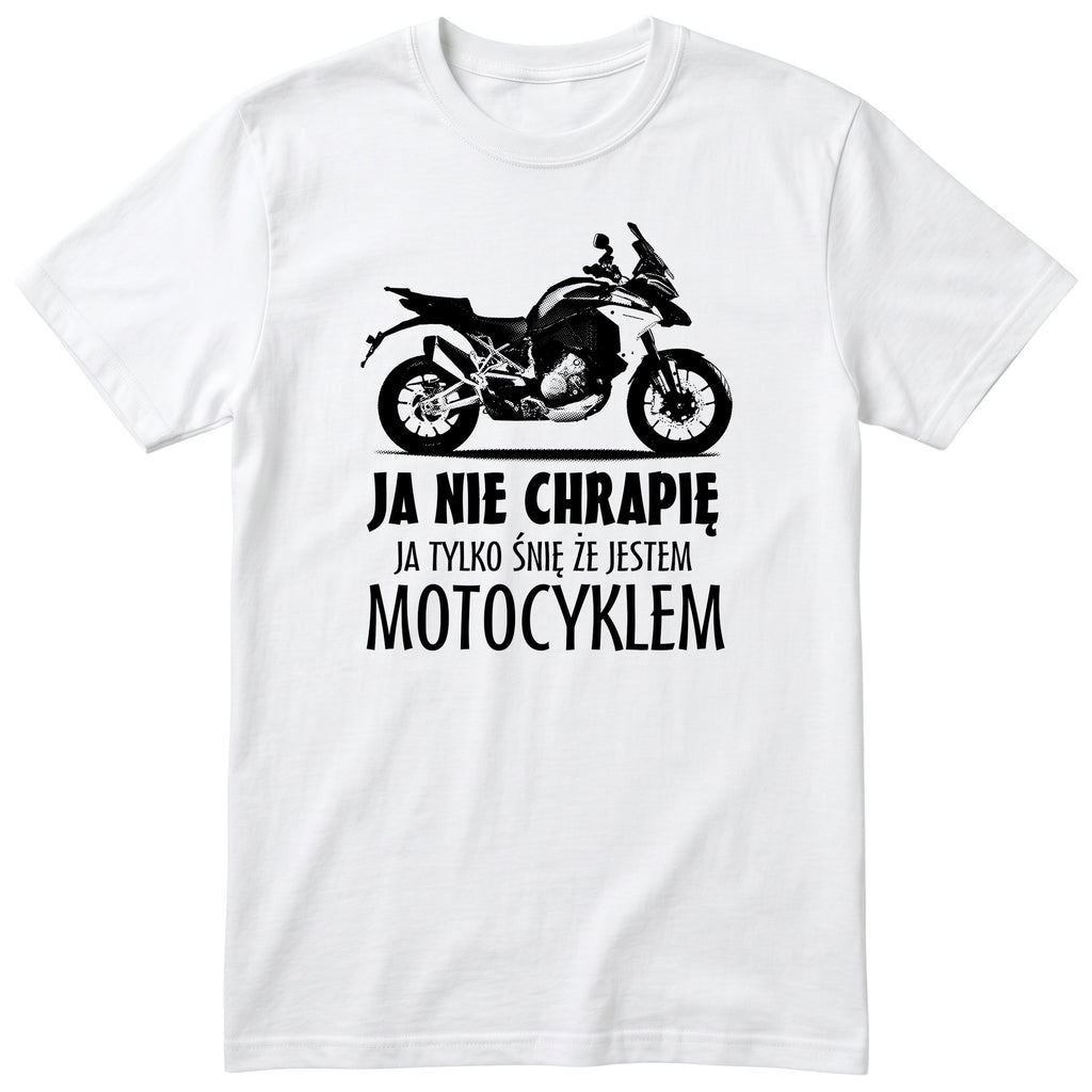Biała koszulka motocyklowa „Ja Nie Chrapię” - prezent dla motocyklisty, polski nadruk