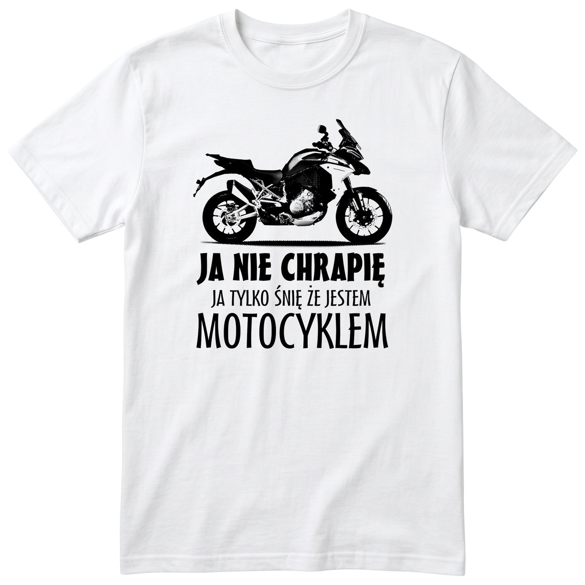 Biała koszulka motocyklowa „Ja Nie Chrapię” - prezent dla motocyklisty, polski nadruk