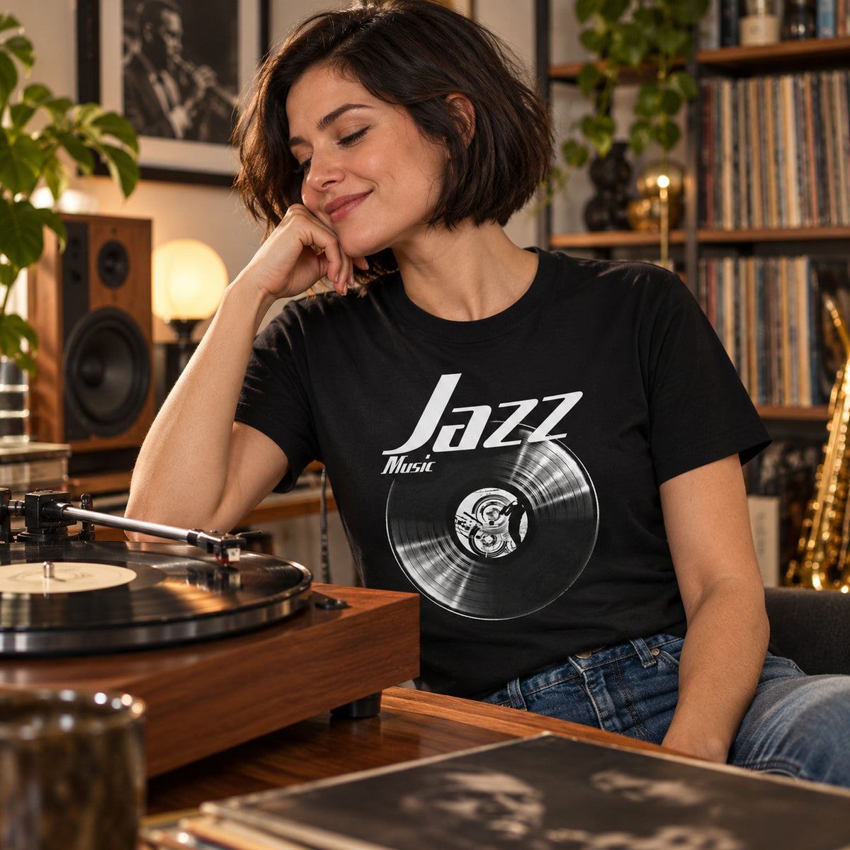 Jazz Music Vinyl Records t-shirt in black - woman leaning by a turntable in a listening room full of records, gift for jazz lovers