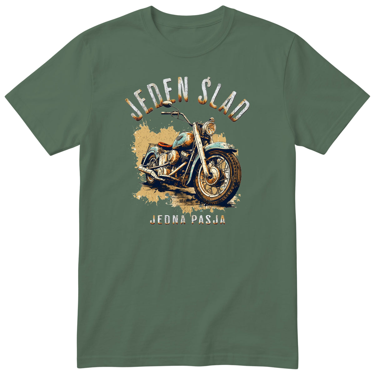 Oliwkowa koszulka motocyklowa „Jeden Ślad, Jedna Pasja” - rdzawy motocykl vintage z czerwonym siedziskiem na piaskowej plamie, polski nadruk
