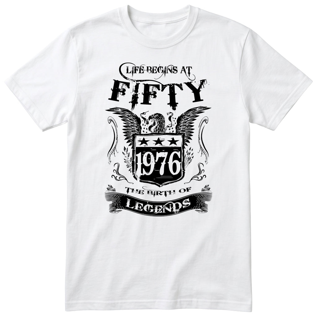 White Life Begins At Fifty t-shirt - 50th birthday gift for him with an eagle crest