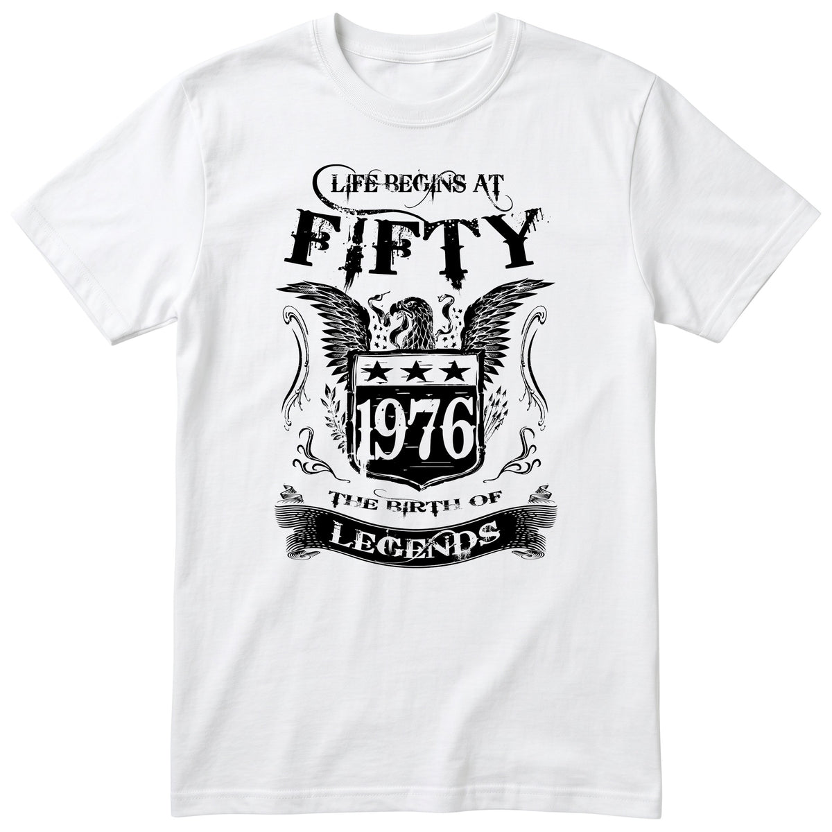 White Life Begins At Fifty t-shirt - 50th birthday gift for him with an eagle crest
