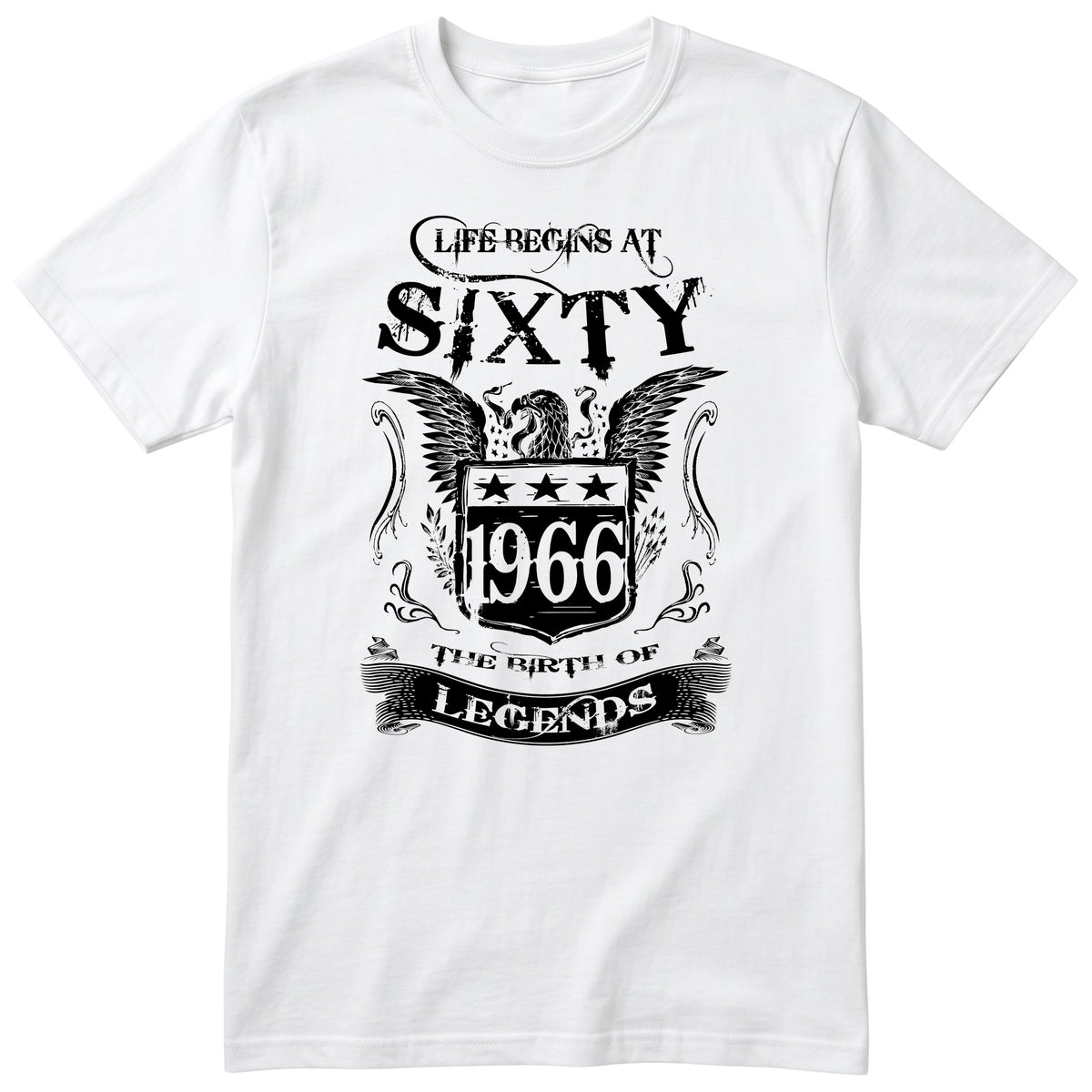 White Life Begins At Sixty t-shirt - 60th birthday gift for him with an eagle crest