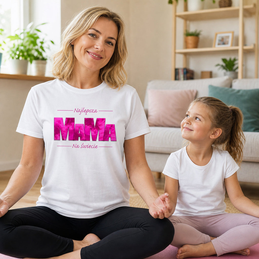 Koszulka Najlepsza Mama Na Świecie w kolorze białym - mama ćwiczy jogę z córką, prezent dla mamy