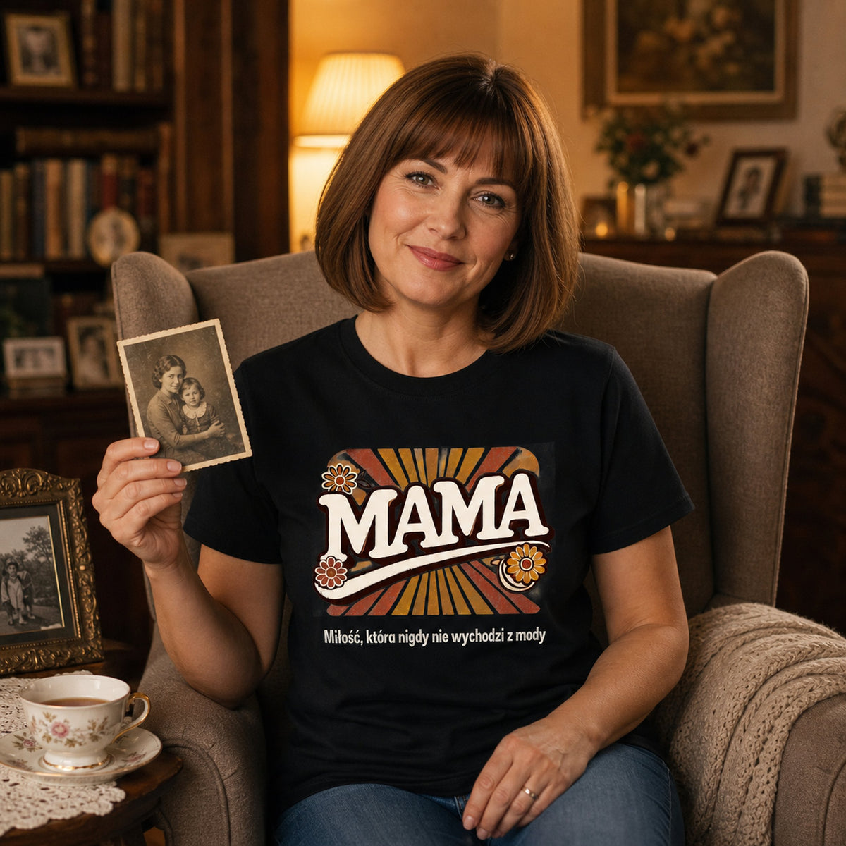 Koszulka Mama Retro Miłość w kolorze czarnym - mama w fotelu ze starym zdjęciem, prezent na Dzień Matki