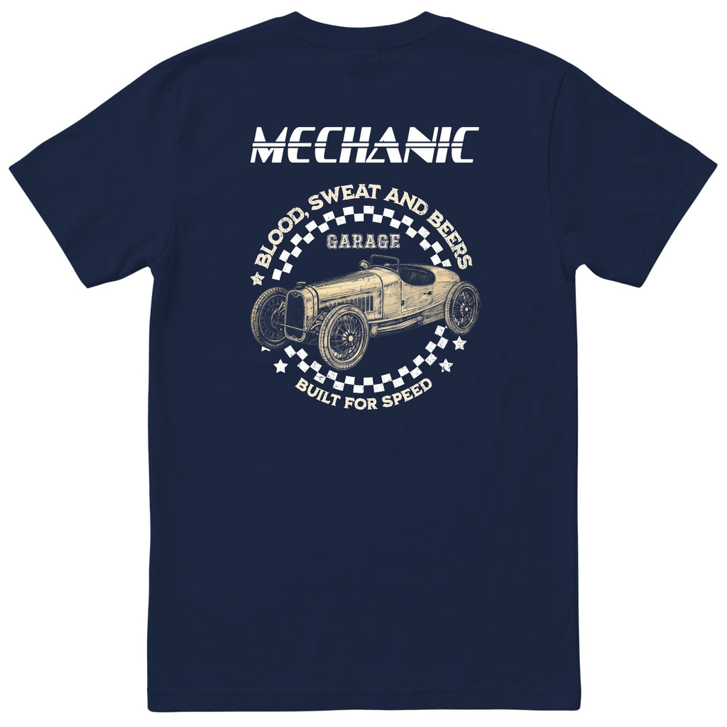Mechanic Blood Sweat and Beers Garage tee navy back