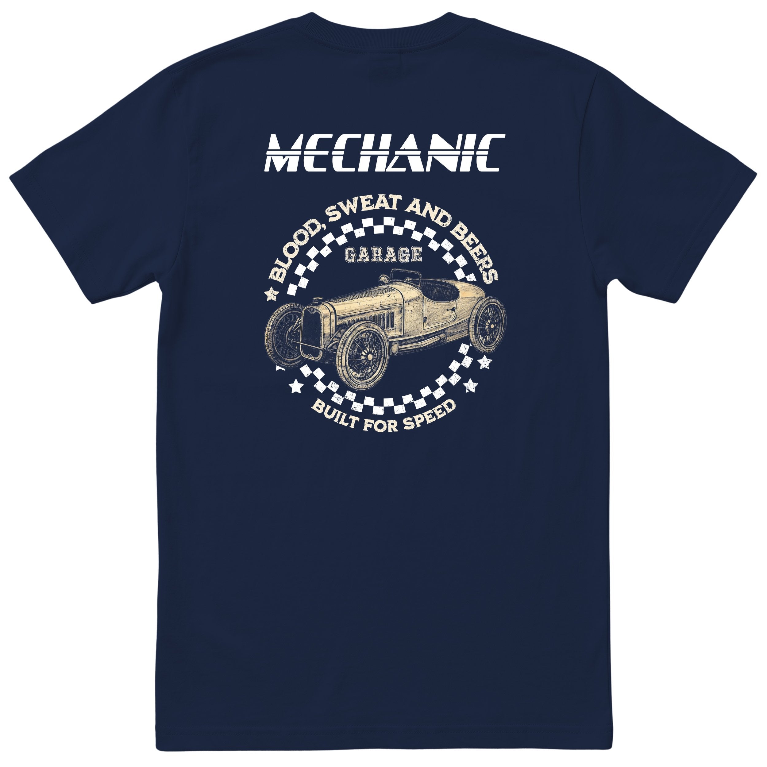 Mechanic Blood Sweat and Beers Garage tee navy back