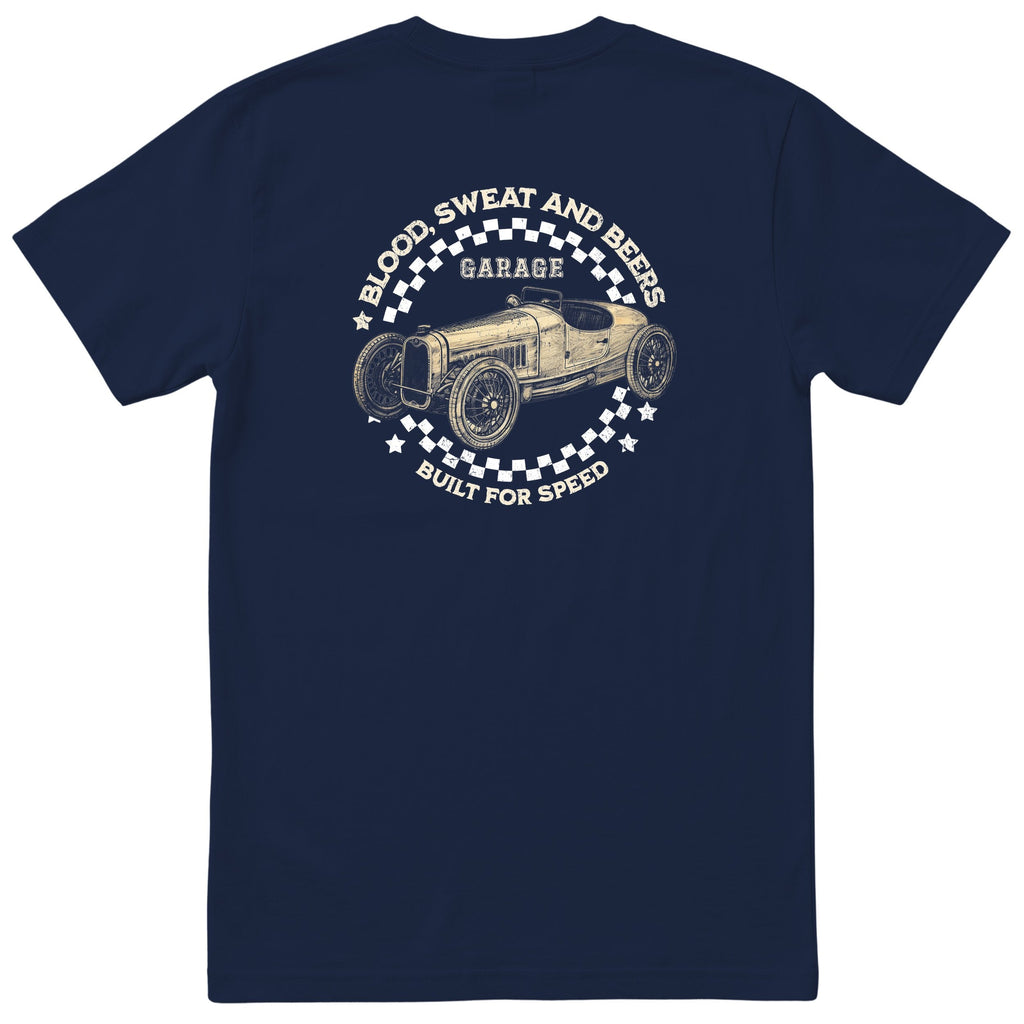 Blood Sweat and Beers Garage tee navy back