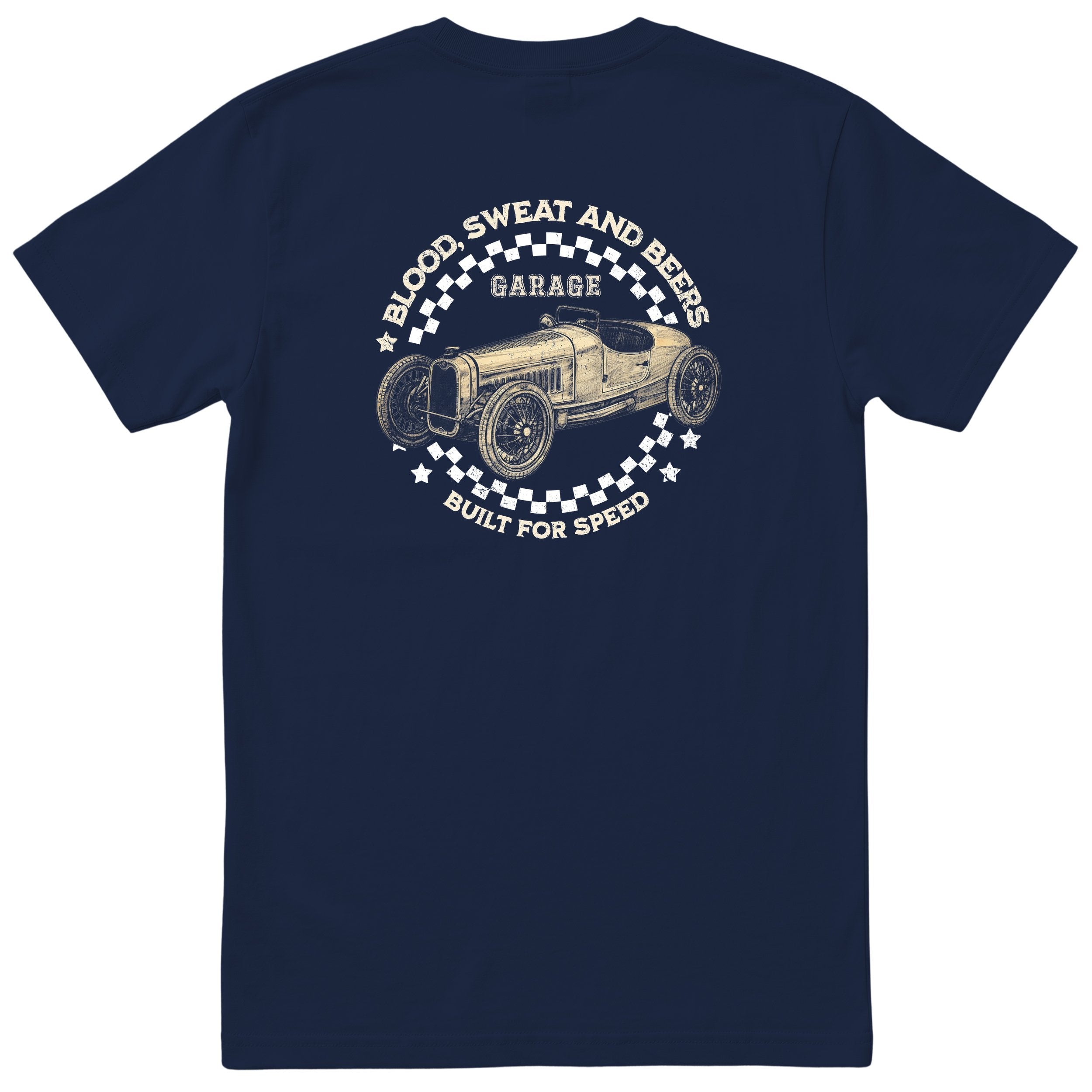Blood Sweat and Beers Garage tee navy back