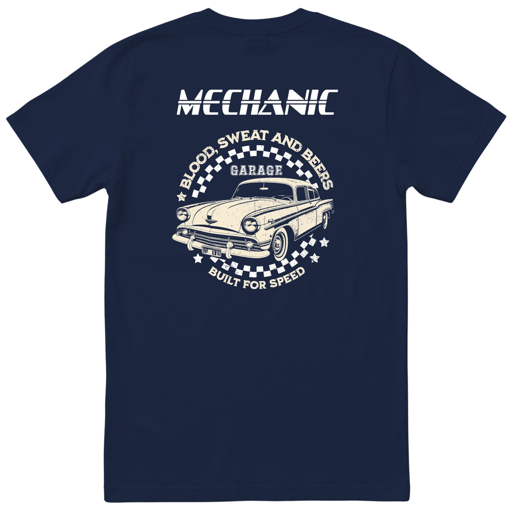 Mechanic Built for Speed garage tee navy back