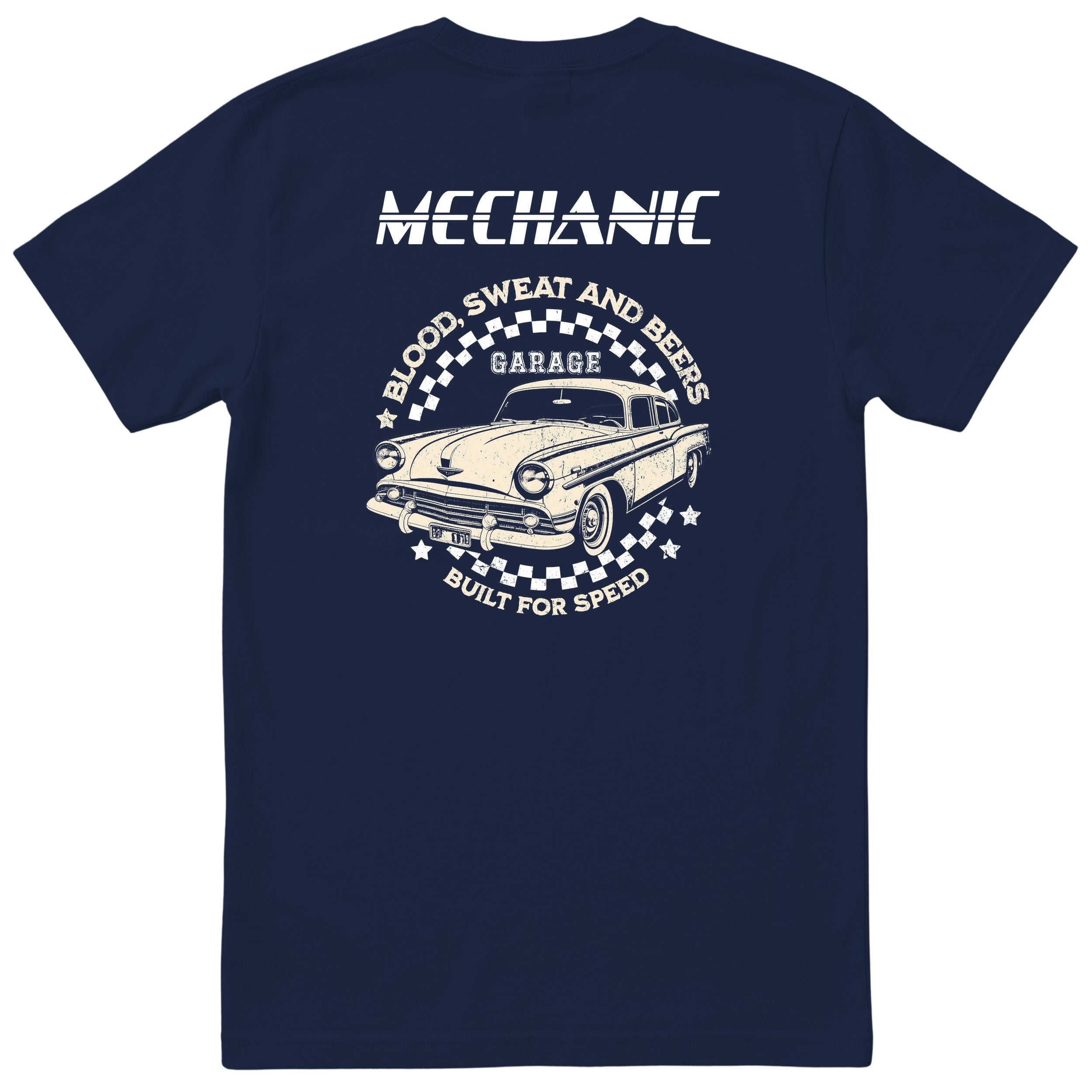 Mechanic Built for Speed garage tee navy back