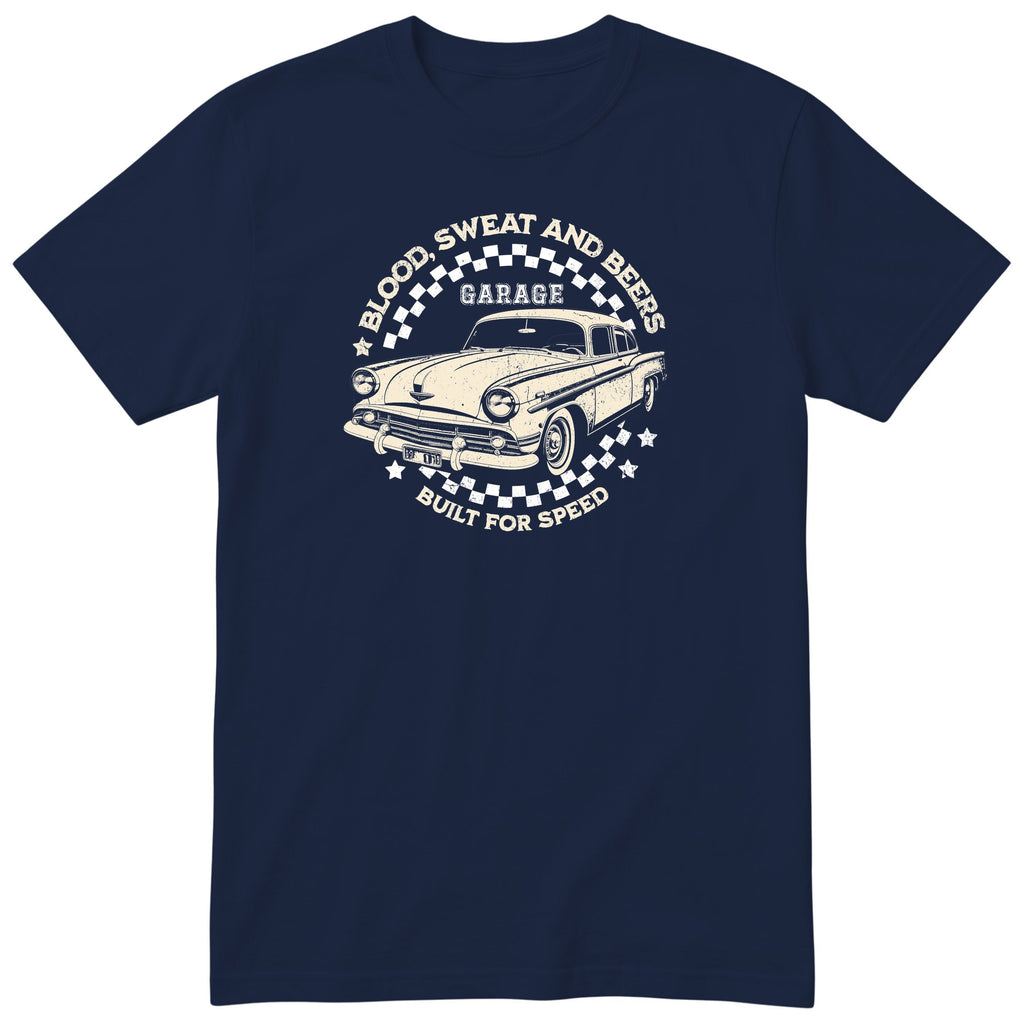Built for Speed garage tee navy front