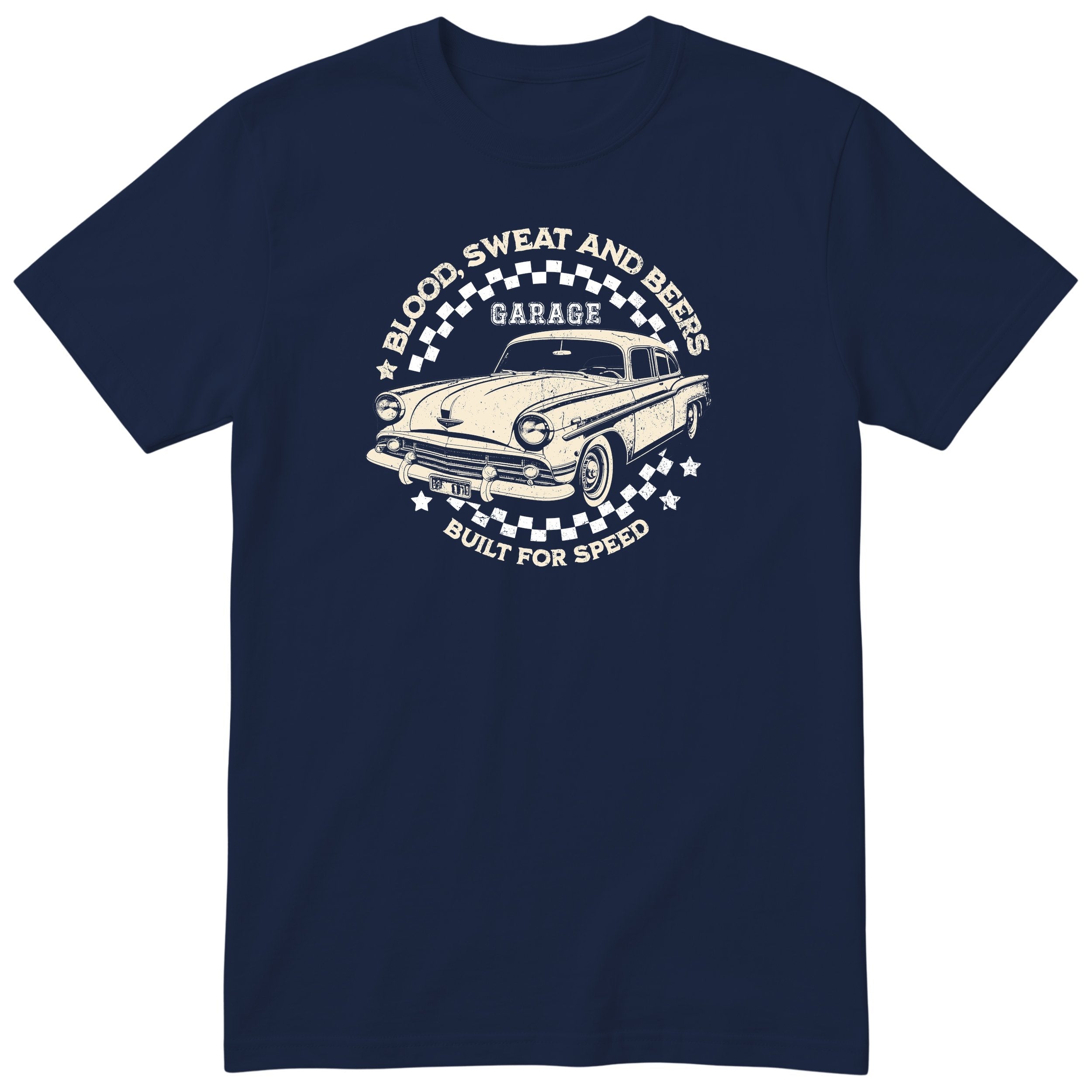 Built for Speed garage tee navy front