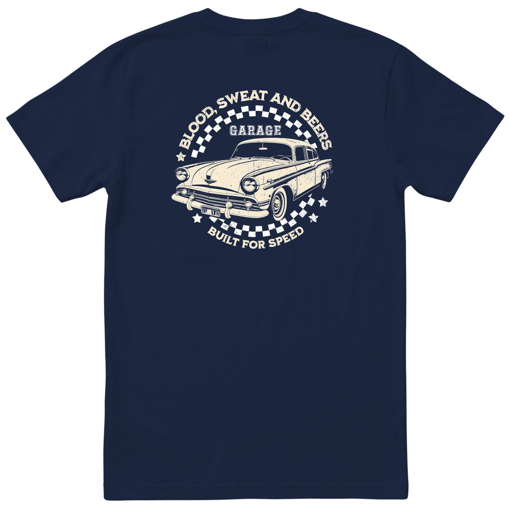 Built for Speed garage tee navy back