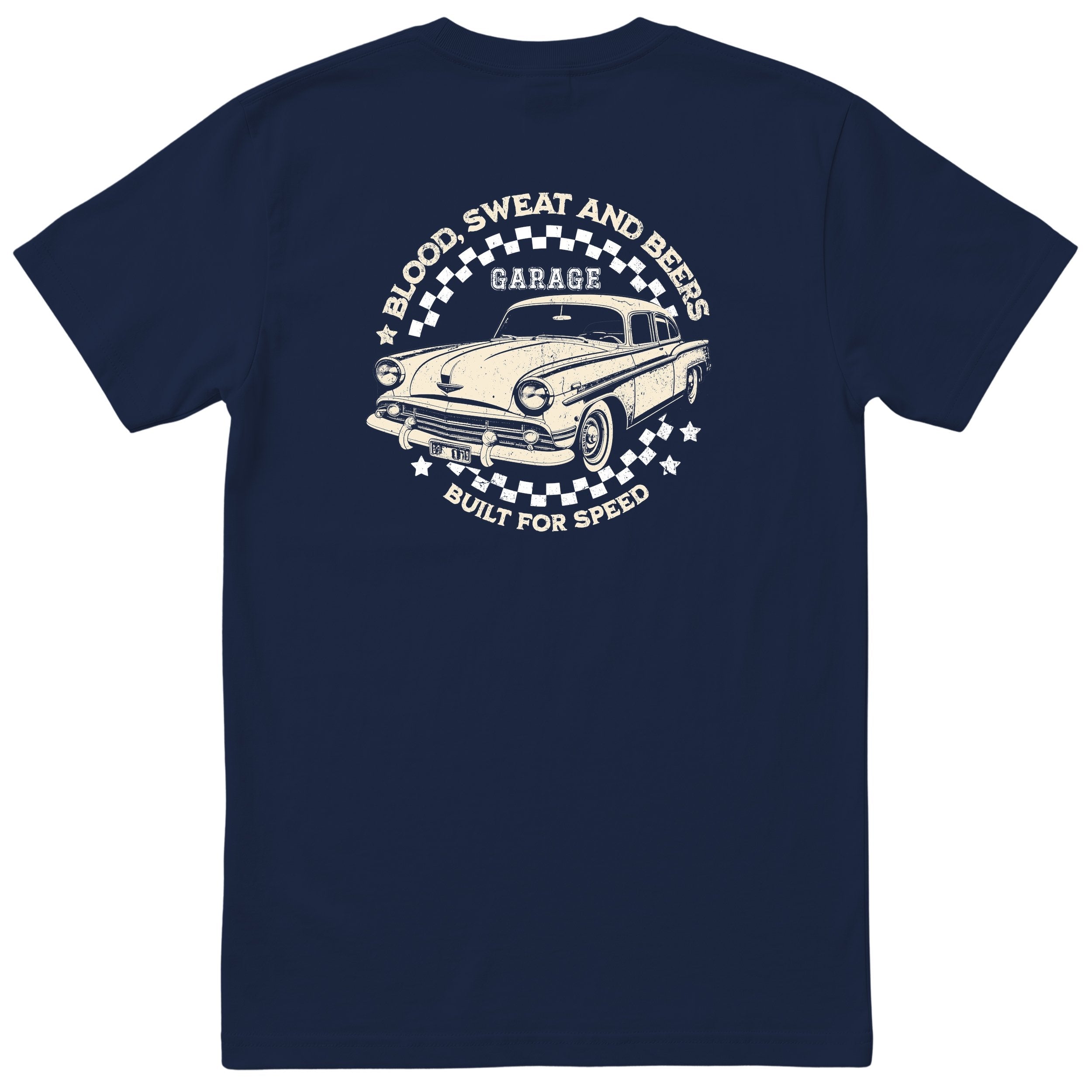 Built for Speed garage tee navy back