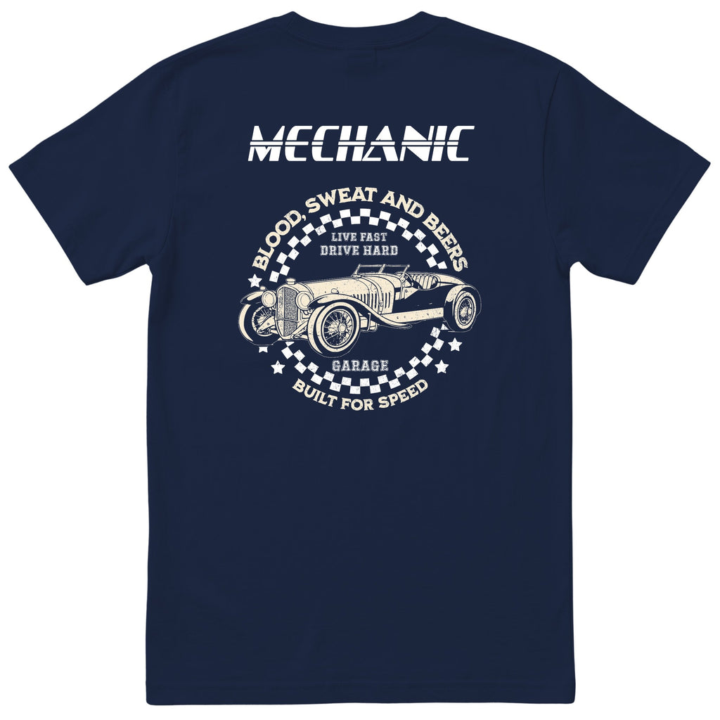 Mechanic Live Fast Drive Hard tee navy back