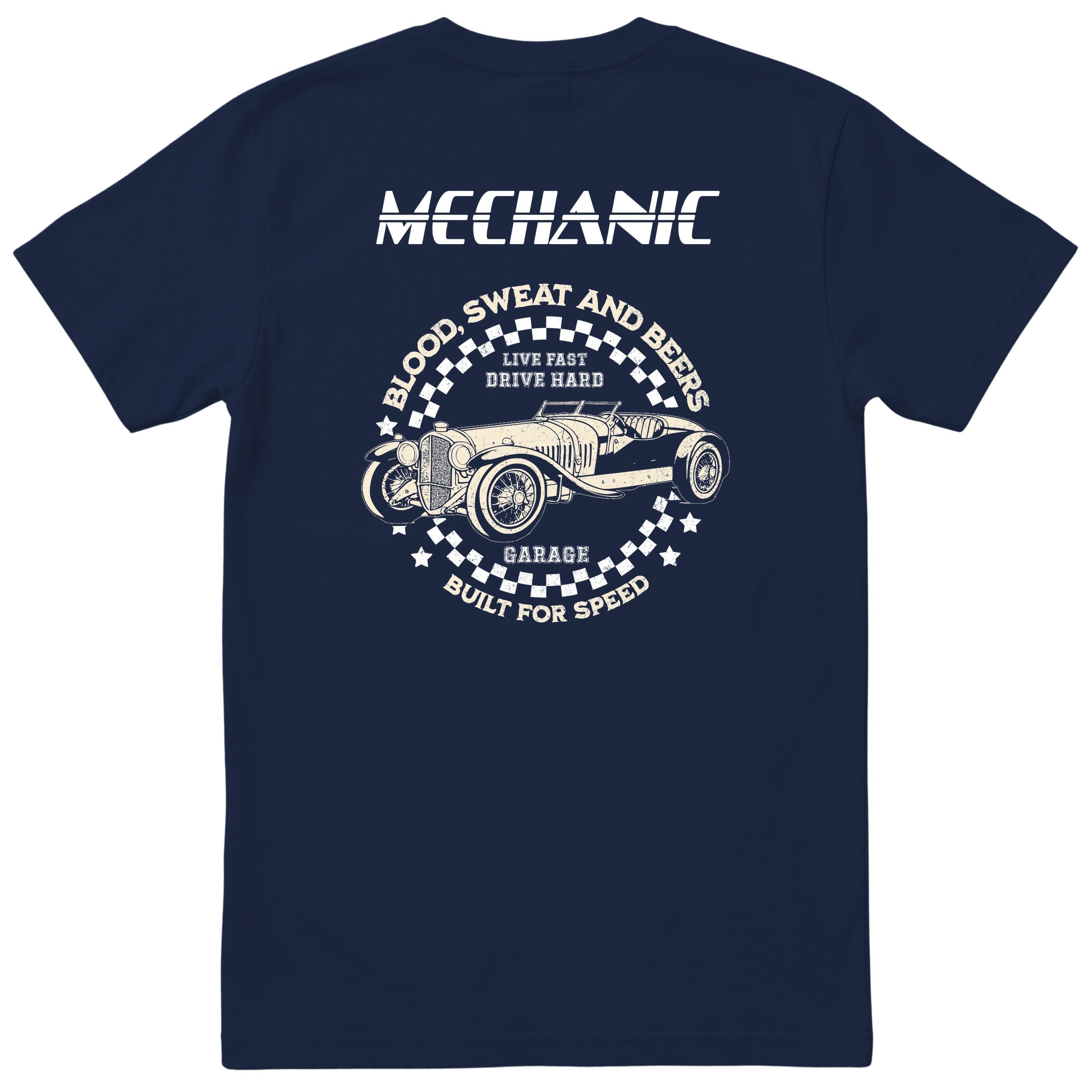 Mechanic Live Fast Drive Hard tee navy back