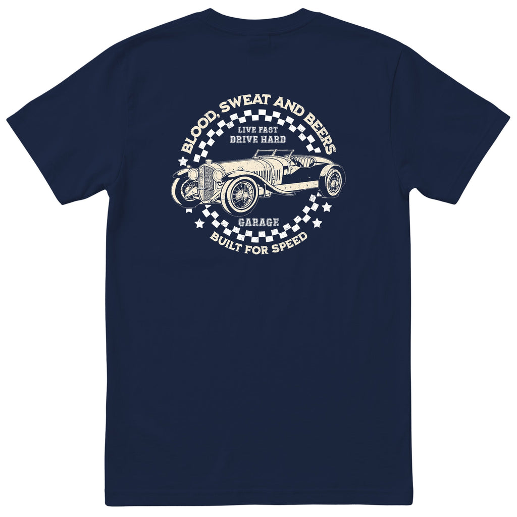 Live Fast Drive Hard garage tee navy back