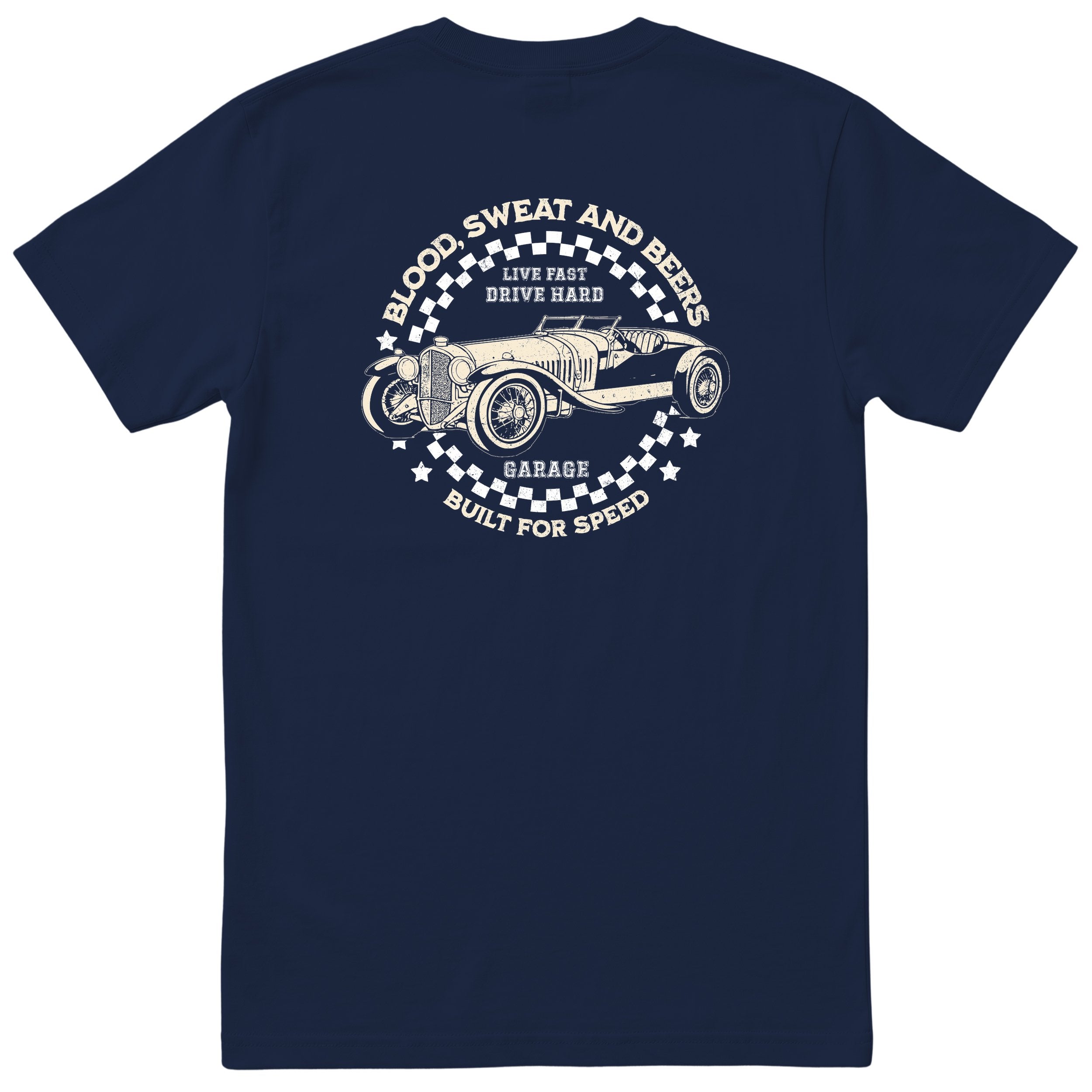 Live Fast Drive Hard garage tee navy back