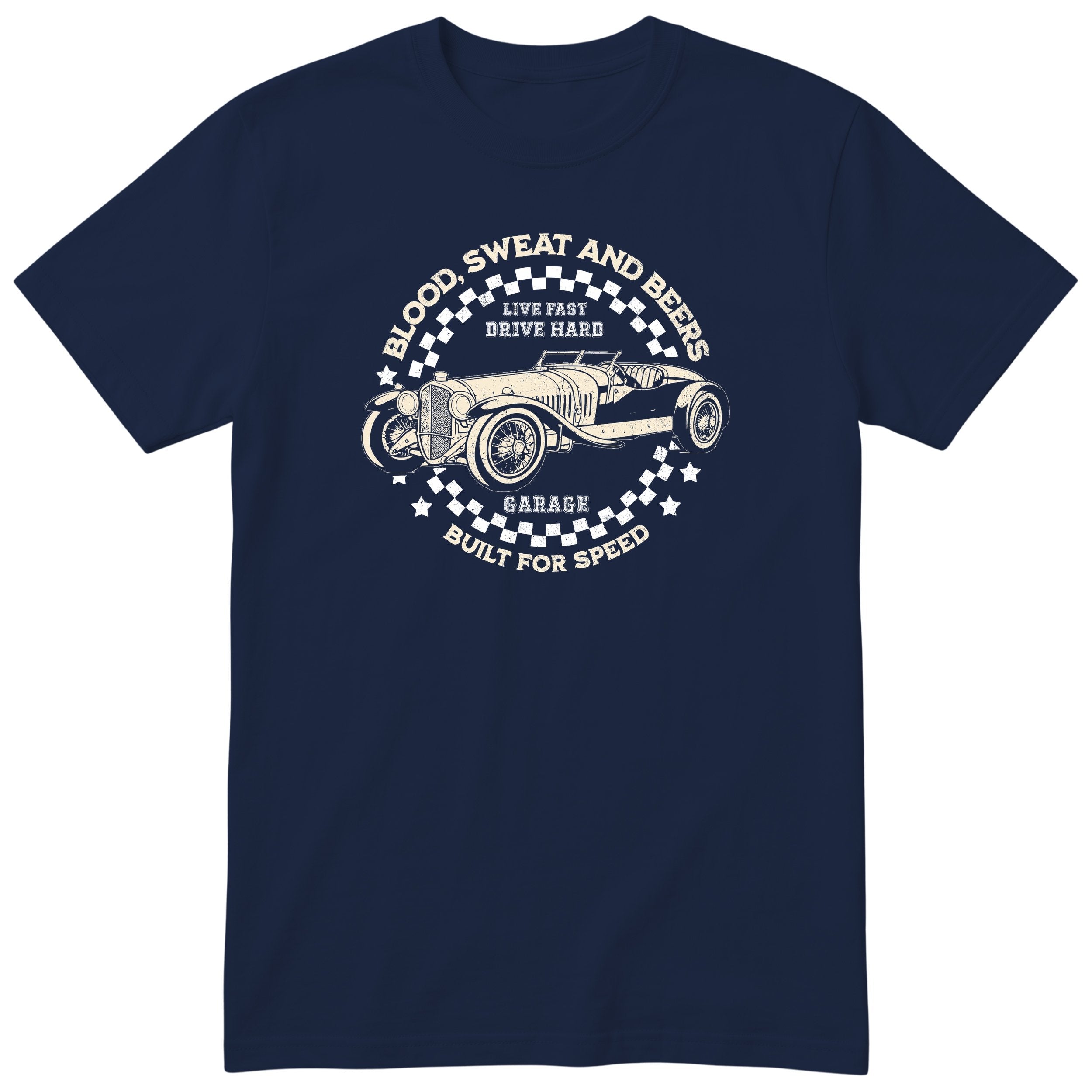 Live Fast Drive Hard garage tee navy front