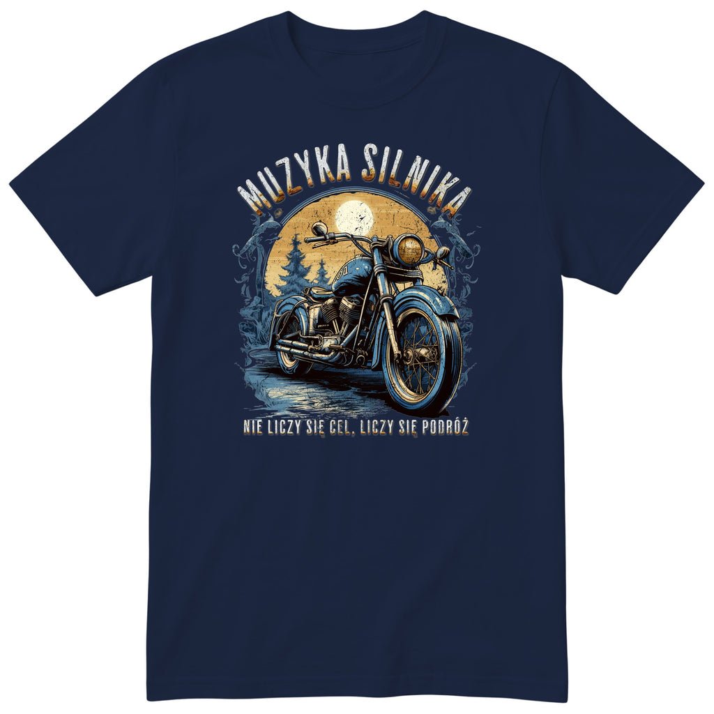 Granatowa koszulka motocyklowa „Muzyka Silnika” - niebieski motocykl vintage na leśnej drodze pod pełnią księżyca, polski nadruk