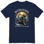 Granatowa koszulka motocyklowa „Muzyka Silnika” - niebieski motocykl vintage na leśnej drodze pod pełnią księżyca, polski nadruk