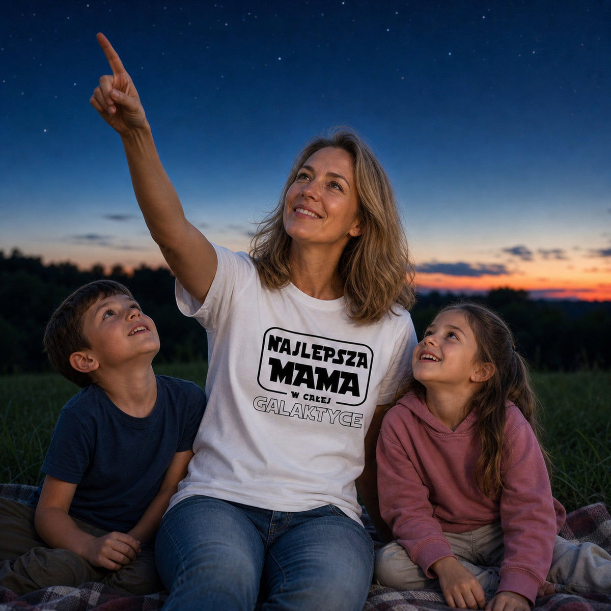 Koszulka Najlepsza Mama w Galaktyce w kolorze białym - mama pokazuje dzieciom gwiazdy na nocnym niebie, prezent na Dzień Matki