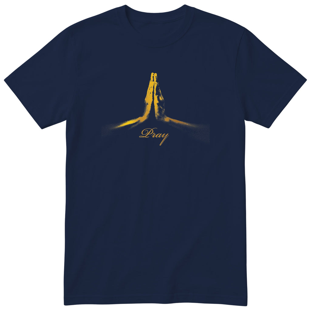 Pray T-Shirt | Gold Prayer Hands Faith Tee | Christian Gift - Navy