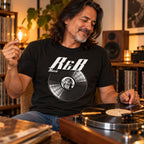 R&B Music Vinyl Records t-shirt in black - man by a turntable at home, snapping his fingers, gift for R&B fans