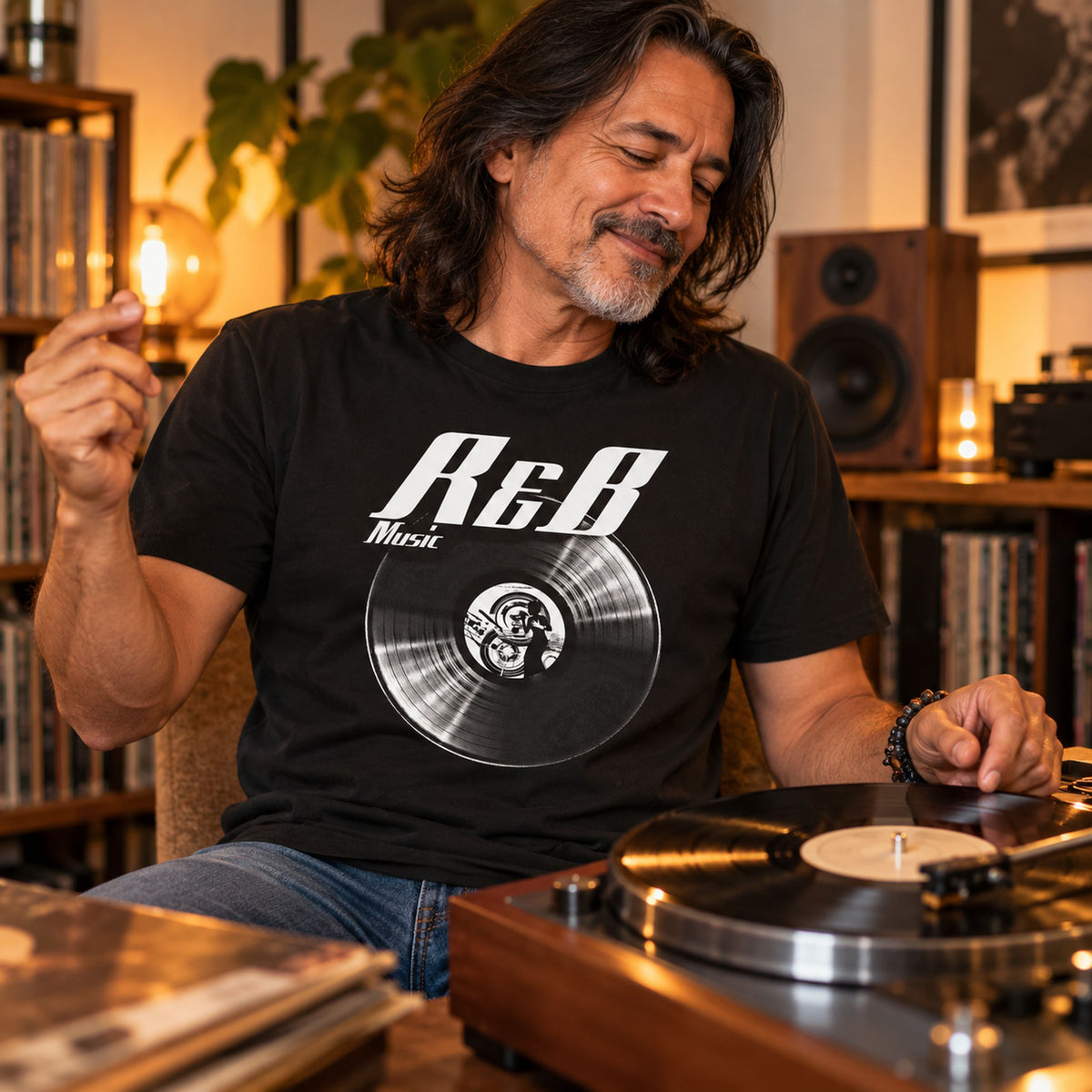 R&B Music Vinyl Records t-shirt in black - man by a turntable at home, snapping his fingers, gift for R&B fans