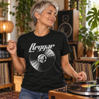 Reggae Music Vinyl Records t-shirt in black - woman dancing next to a turntable in a room full of plants, gift for reggae fans