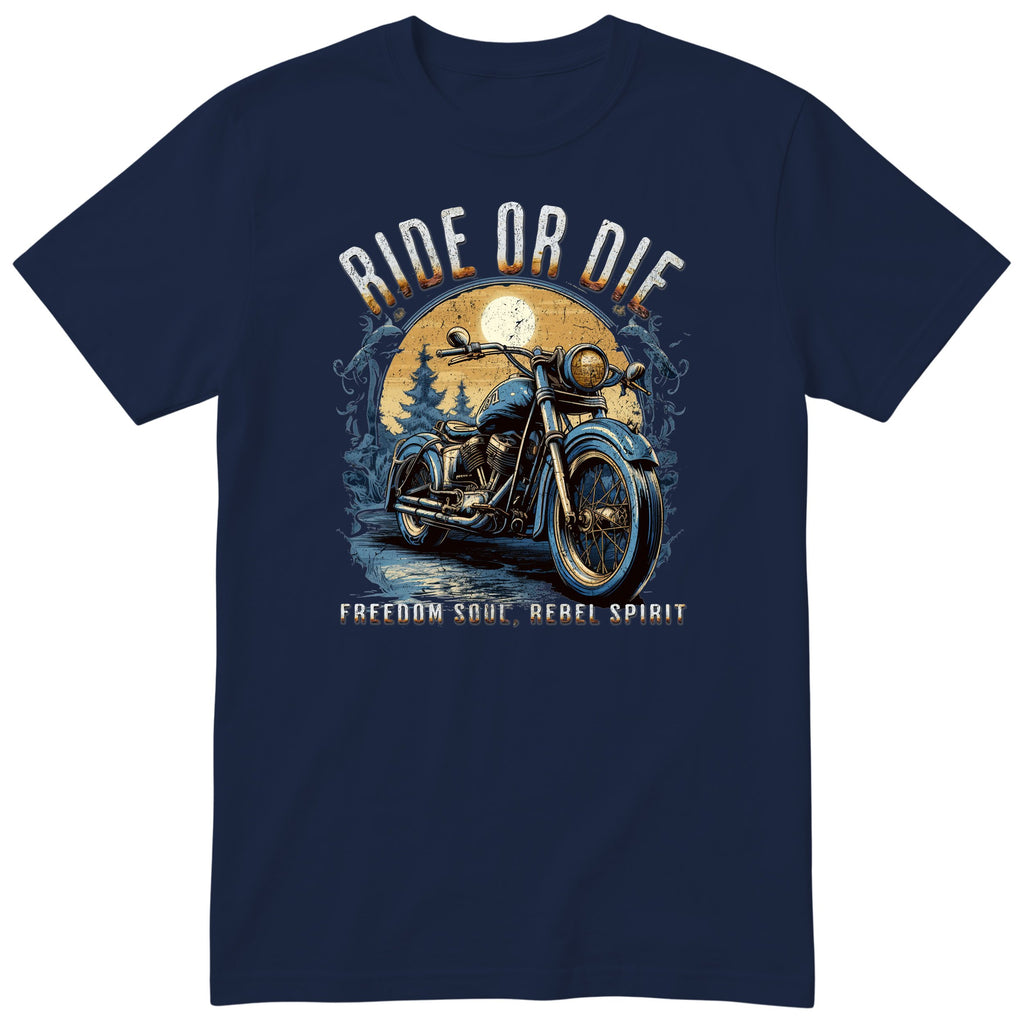 Navy Ride or Die motorcycle t-shirt - blue vintage motorcycle on a wet forest road under a full moon, gift for a biker