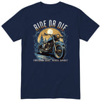 Navy Ride or Die motorcycle t-shirt - blue vintage motorcycle on a wet forest road under a full moon, gift for a biker