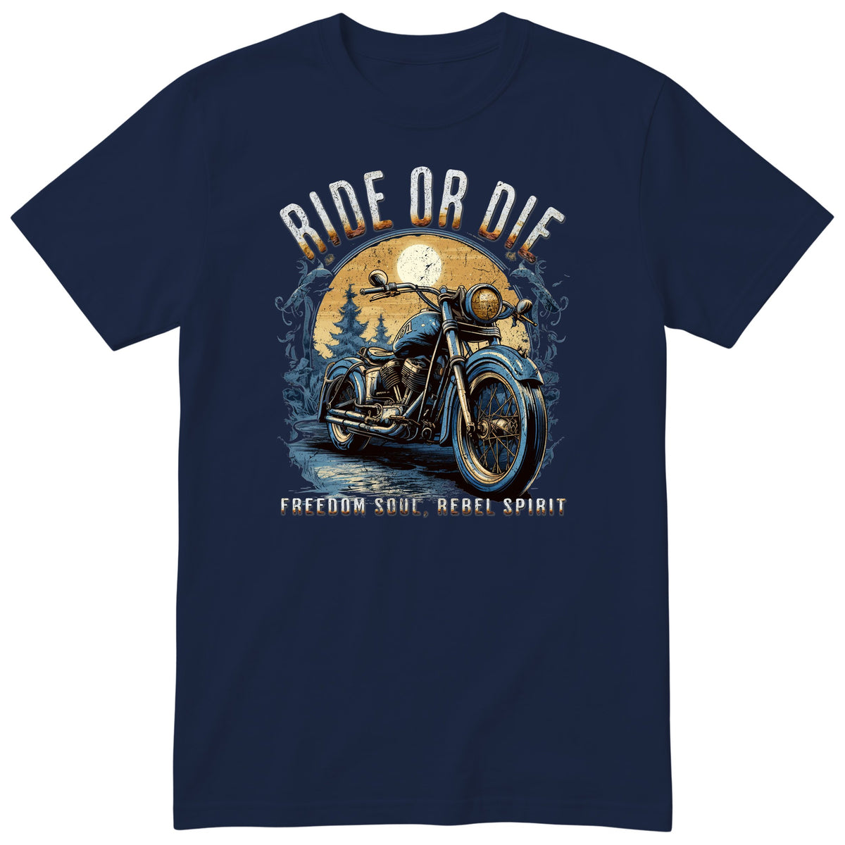 Navy Ride or Die motorcycle t-shirt - blue vintage motorcycle on a wet forest road under a full moon, gift for a biker