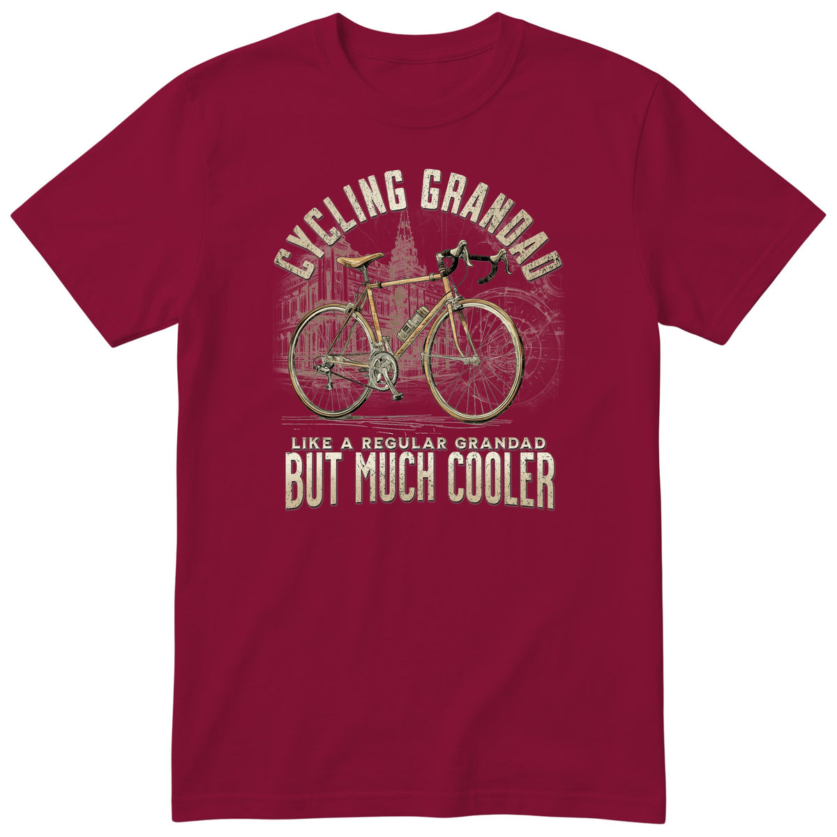 Burgundy Cycling Grandad T-Shirt t-shirt - vintage road bike with drop handlebars, warm sepia tones, gift for grandad