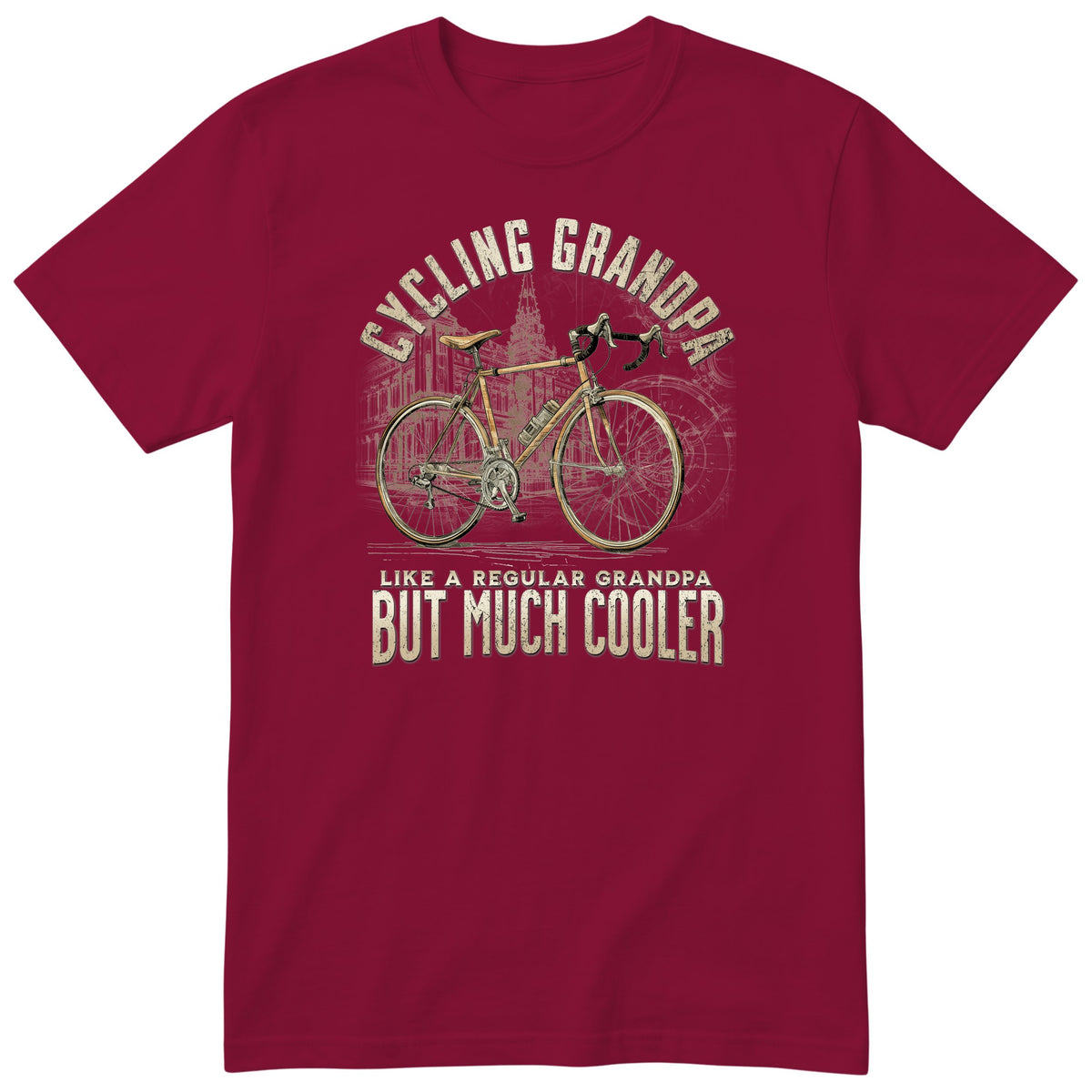Burgundy Cycling Grandpa T-Shirt t-shirt - vintage road bike with drop handlebars, warm sepia tones, gift for grandpa