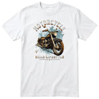 White Motorcycle Road Lifestyle Freedom motorcycle t-shirt - side view of a vintage motorcycle on an ice-blue splash with sparkles, gift for a biker