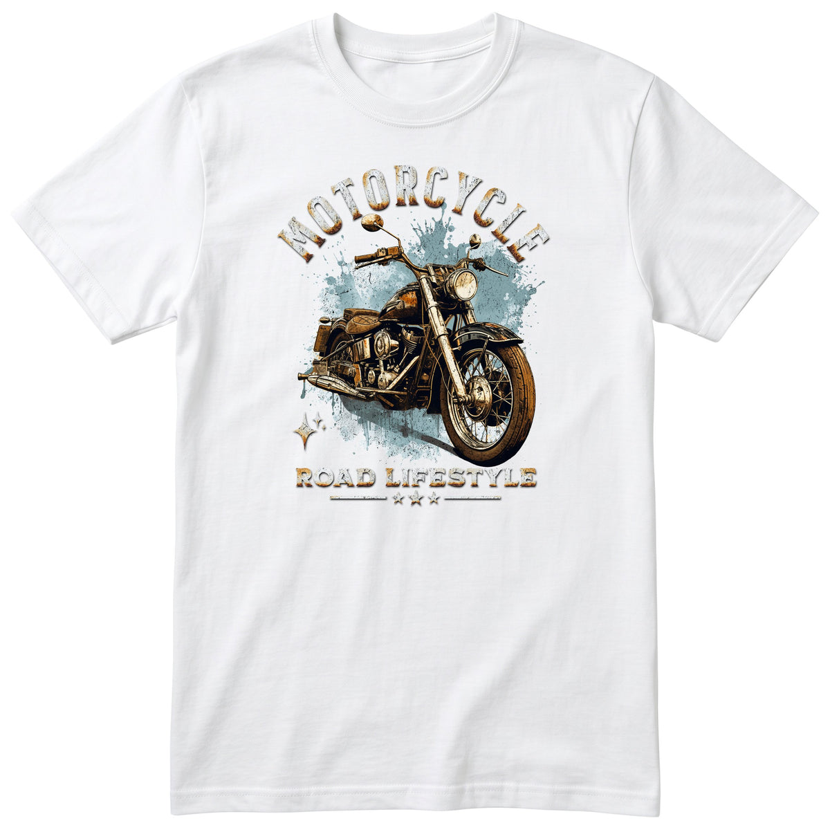 White Motorcycle Road Lifestyle Freedom motorcycle t-shirt - side view of a vintage motorcycle on an ice-blue splash with sparkles, gift for a biker