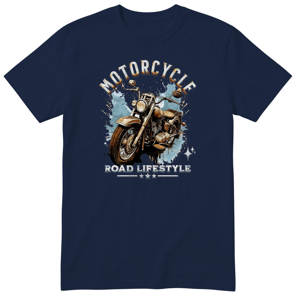 Navy Motorcycle Road Lifestyle Iron Horse motorcycle t-shirt - front view of a rusty brown motorcycle on a light blue paint splash, gift for a biker