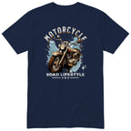 Navy Motorcycle Road Lifestyle Iron Horse motorcycle t-shirt - front view of a rusty brown motorcycle on a light blue paint splash, gift for a biker